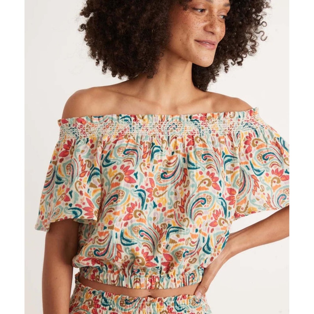 Marine Layer Crop Nora Top Women XL Multicolor‎ Paisley Smocked Flutter Sleeve